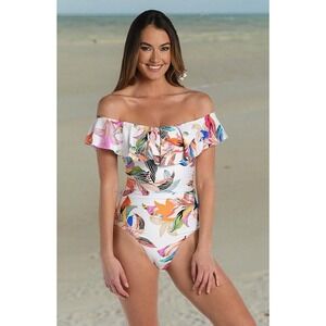 La Blanca Womens Tropical Floral Off Shoulder One Piece Swimsuit NWT Size 10